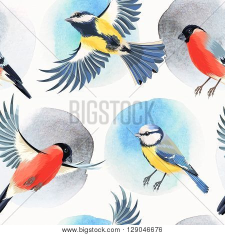 Flying bullfinch and tomtit vector seamless background