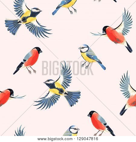 Flying bullfinch and tomtit vector seamless background