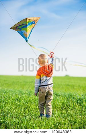 Young boy flies his kite in an open field. Little kid playing with kite on green meadow. Childhood concept.