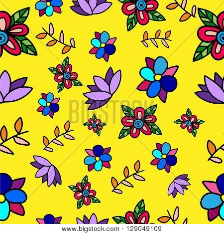 Seamless Vector flower pattern on yellow background.