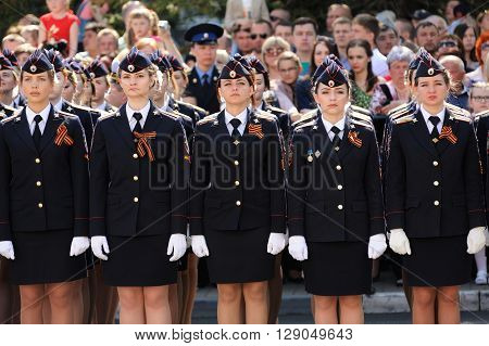 Orel Russia - May 9 2016: Celebration of 71th anniversary of the Victory Day (WWII). Girls in russian military uniform standing in row horizontal