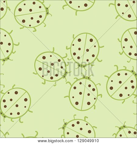 Cute ladybugs green and brown seamless pattern. Flat designed wallpaper, decoration. Fun and happy ladybirds vector illustration. Soft intricate pattern.