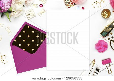 Woman desktop, template card, Mock up for your photo or text Place your work. Peonies and gold stationery. Gold Polka. Header website or Hero website