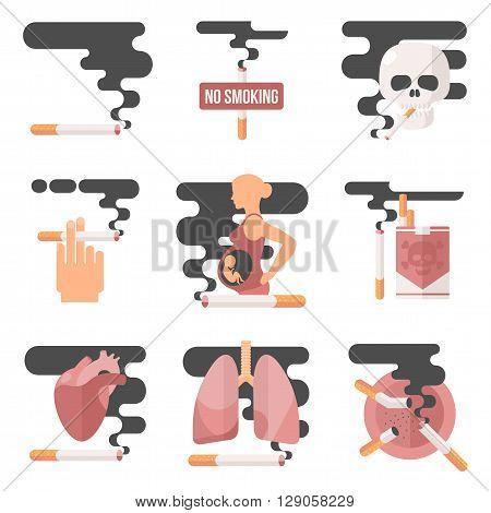 Icons about smoking, illustration Flete, the dangers of smoking, health problems due to smoking, pregnant woman, nicotine dangerous smoke, danger to life and limb due to nicotine