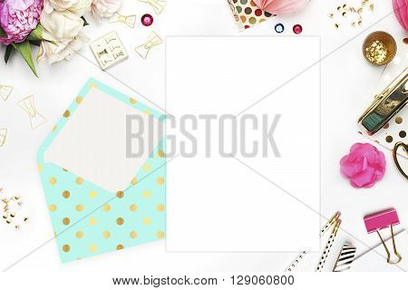 Flat lay. White background. Woman desktop template card Mock up for your photo or text Place your work. Peonies and gold stationery. Gold Polka. Header website or Hero website