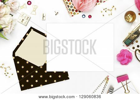 Wedding background. Mock-up for your photo or text Place your work. Woman desktop, template card, Peonies and gold stationery. Gold Polka. Header website or Hero website
