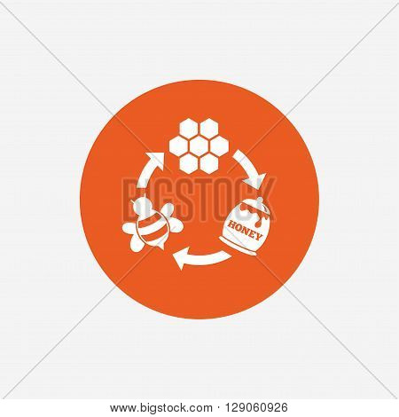 Producing honey and beeswax sign icon. Honeycomb cells symbol. Honey in pot. Sweet natural food cycle in nature. Orange circle button with icon. Vector