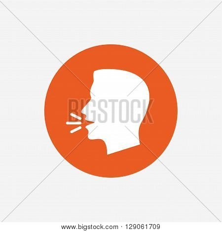 Talk or speak icon. Loud noise symbol. Human talking sign. Orange circle button with icon. Vector