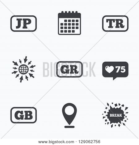 Calendar, like counter and go to web icons. Language icons. JP, TR, GR and GB translation symbols. Japan, Turkey, Greece and England languages. Location pointer.