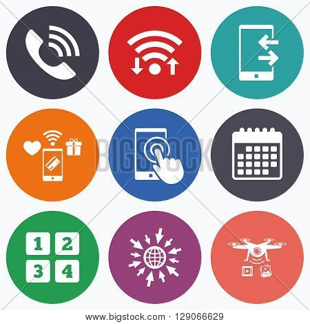 Wifi, mobile payments and drones icons. Phone icons. Touch screen smartphone sign. Call center support symbol. Cellphone keyboard symbol. Incoming and outcoming calls. Calendar symbol.