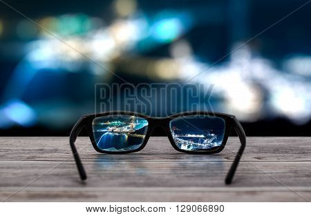 glasses focus background wooden - stock image