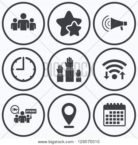 Clock, wifi and stars icons. Strike group of people icon. Megaphone loudspeaker sign. Election or voting symbol. Hands raised up. Calendar symbol.