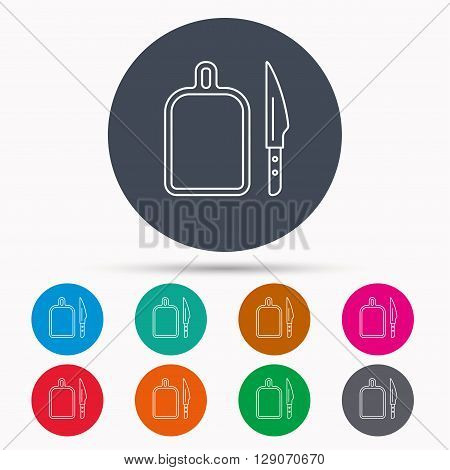Separating board icon. Kitchen knife sign. Icons in colour circle buttons. Vector