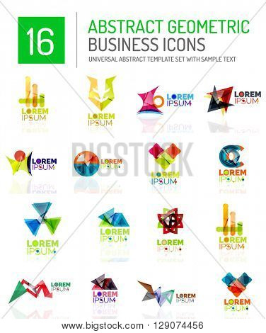 Abstract geometric business logo icon set. Colorful geometrical figure compositions with light effects - triangles circles rings arrows lines