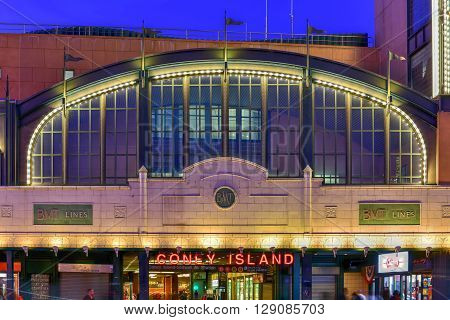 Brooklyn New York - March 26 2016: Coney Island subway station in New York City. It is the last stop on the BMT Lines and provides access to the beach.