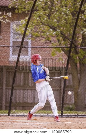 Morton Grove, IL, USA - 05.06.2106. Youth Baseball Match between Norwood Park Team and Morton Grove Park Team took place in Morton Grove, IL on 05.06.2016
