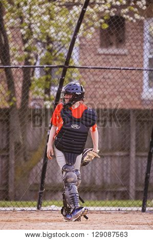 Morton Grove, IL, USA - 05.06.2106. Youth Baseball Match between Norwood Park Team and Morton Grove Park Team took place in Morton Grove, IL on 05.06.2016