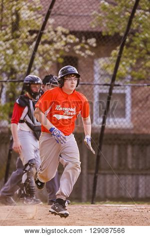 Morton Grove, IL, USA - 05.06.2106. Youth Baseball Match between Norwood Park Team and Morton Grove Park Team took place in Morton Grove, IL on 05.06.2016