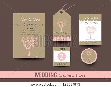 Set of wedding cards. Wedding invitations Thank you card Save the date card Table card