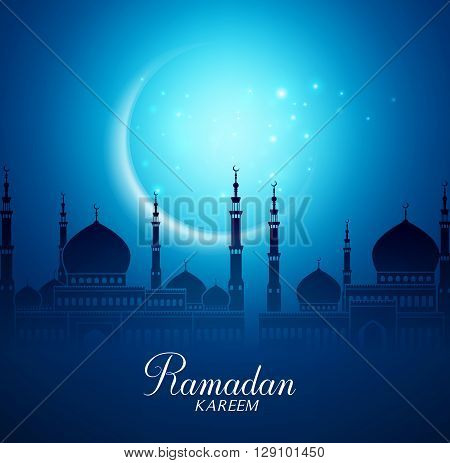 Crescent Moon and Silhouette Mosque in the Bright Night for Ramadan Kareem Background. Vector Illustration