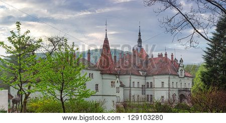 Panorama of the former Carpathian residence and house hunting of Count Schonborn of the 19th century in the early spring morning. Chynadiyovo Ukraine.