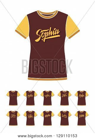 Personal name Sophia. Vector handwritten calligraphy T-Shirt design set