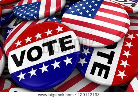 Us Elections Concept Image - Mix Of Vote And American Flag Badges In Pile - 3D Illustration