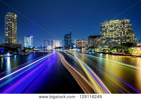 Light Effects Over Time After Sunset On Chao Phraya River In Bangkok City, Thailand.