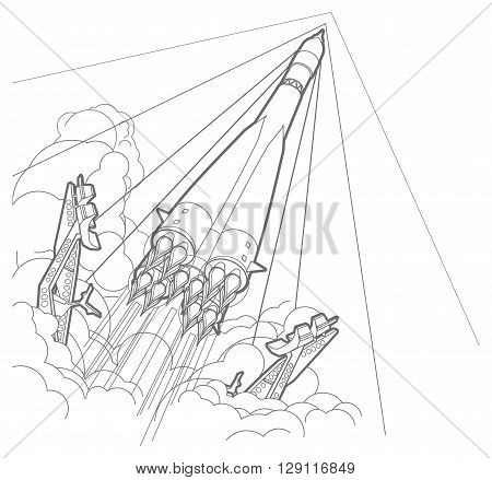 Rocket start whith smoke. Outline vector illustration.
