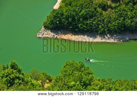 Detail of meanders at rocky river Uvac gorge on sunny morning, southwest Serbia