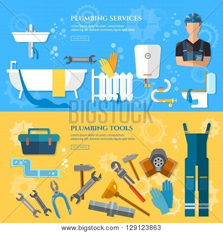 Plumbing repair service banner professional plumber water pipe repair vector illustration