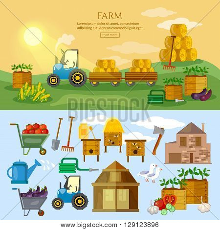 Farm in village banner farm elements agriculture collection vector illustration