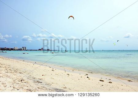 Kite surfing at Fisherman's Huts on Aruba in the Caribbean