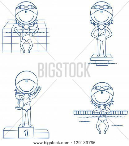 Cute vector swimmer boys in different situations: relax in the pool on the starting platform on the winner's podium with the cup resting on the lane dividing rope