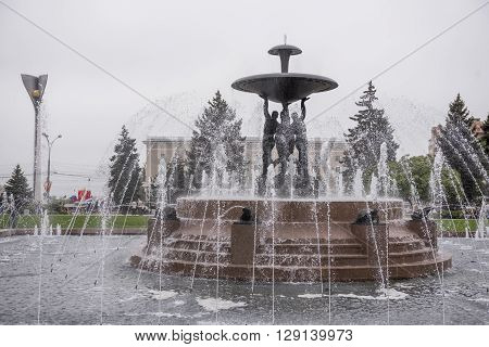 ROSTOV-ON-DON RUSSIA- MAY 01- Theater Square with a fountain in the center.Sculptor E.Vucetich on May 012015 in Rostov-on-Don