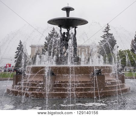 ROSTOV-ON-DON RUSSIA- MAY 01- Theater Square with a fountain in the center.Sculptor E.Vucetich on May 012015 in Rostov-on-Don