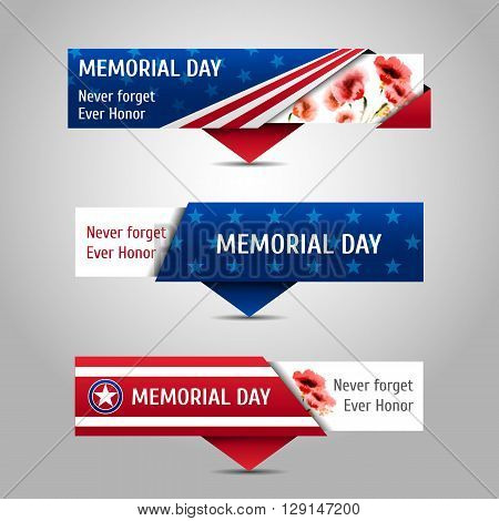 Memorial day banners with watercolor poppies. Never forget ever honor. Vector set.
