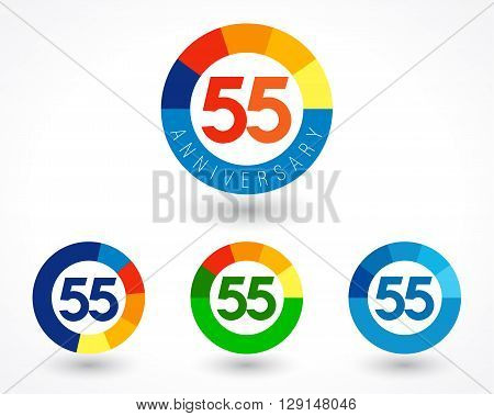 55 years old logotype. Coloured 55 th anniversary set. Abstract isolated graphic design template. Celebrating greetings concept. Congratulating numbers. Financial 55%, 5% percent off modern sign.