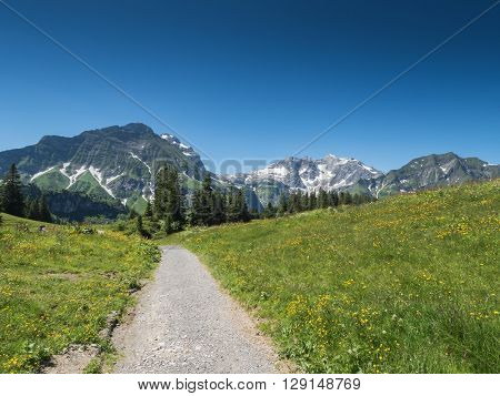 A view of Alpine mountains surrounding the village Schroecken in Bregenzerwald region Vorarlberg Austria