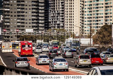 Sydney Australia - May 15 2015: Rush hour traffic on an expressway leading into Sydney Australia