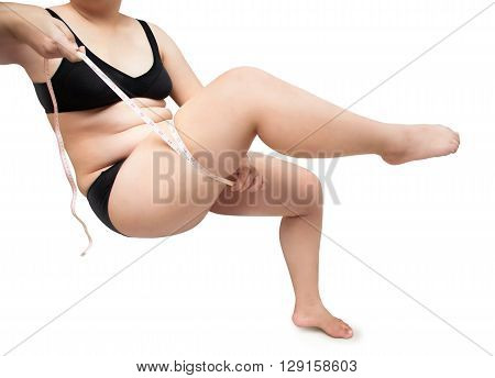 fat woman show body obese cellulite by measure tape for plastic surgery concept isolated on white