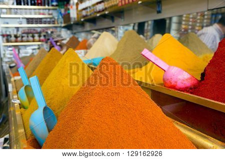 Various spices in a traditional Moroccan shop in the souk (market) of Marrakech.