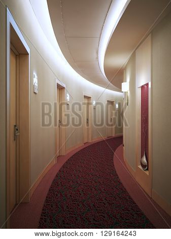 Spacious light hotel corridor in modern style with many doors leading into rooms. Electronic card lock doors. 3D render