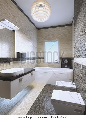 Bright expensive bathroom with neon lights zebrano tile in cream and pale brown colors. Elegant white furniture with black decorations. 3D render