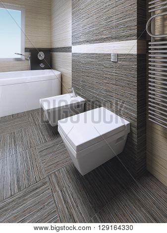 Toilet and bidet in modern bathroom with zebrano striped ceramic tile. 3D render
