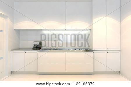 Contemporary kitchen trend. White furniture with ecru decoration. Front view. Using of white color. 3D render