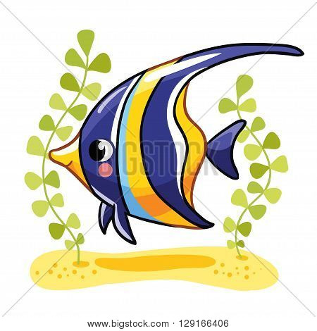 Cute fish zanclus in vector illustration. Tropical reef fish isolated on white background. Kids fish.