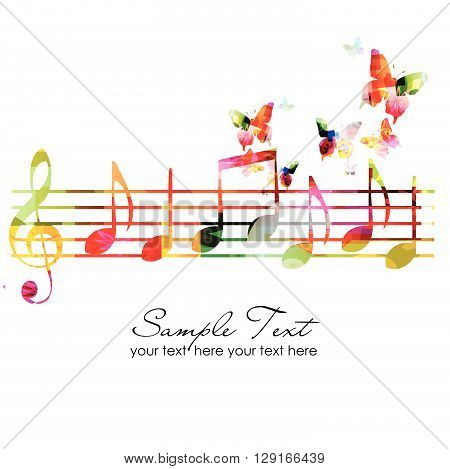 Vector illustration of colorful music notes with butterflies