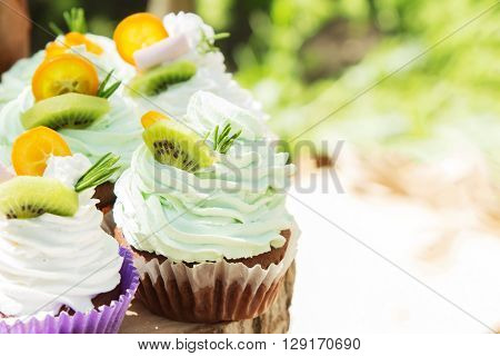 a lot of spongecake or muffin with cream on candy bar
