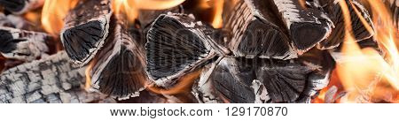 the fire on the wood, charred wood, ash